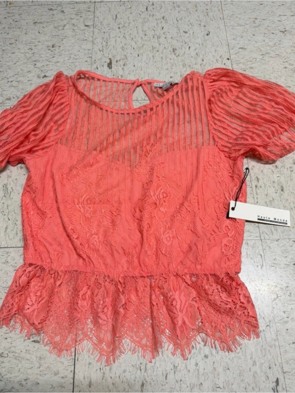 Haute Monde Coral Lace Peplum Blouse with Sheer Yoke